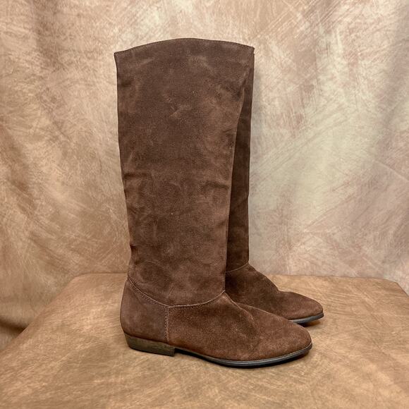 Vintage 90s Carriage Court Calf High Brown Suede Go-Go Boots Round Toe Mod Retro - Picture 1 of 11